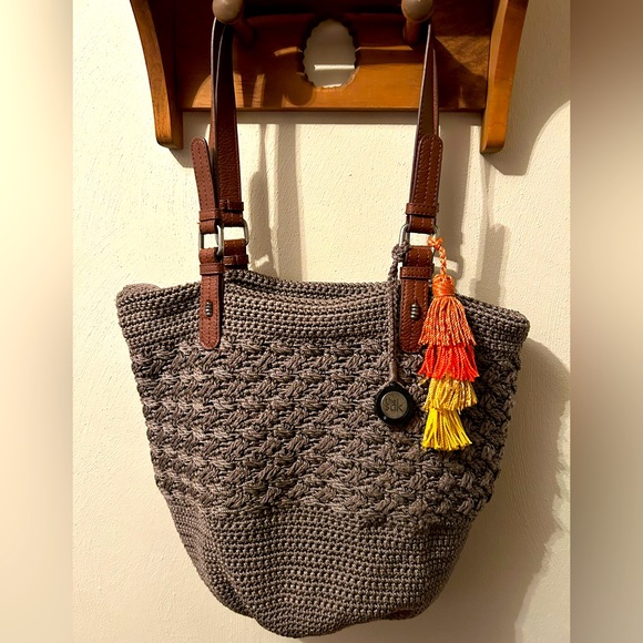 TheSak crochet bag, zipper close, lined 2strap, taupe, logo dangle + colorsplash - Picture 1 of 12